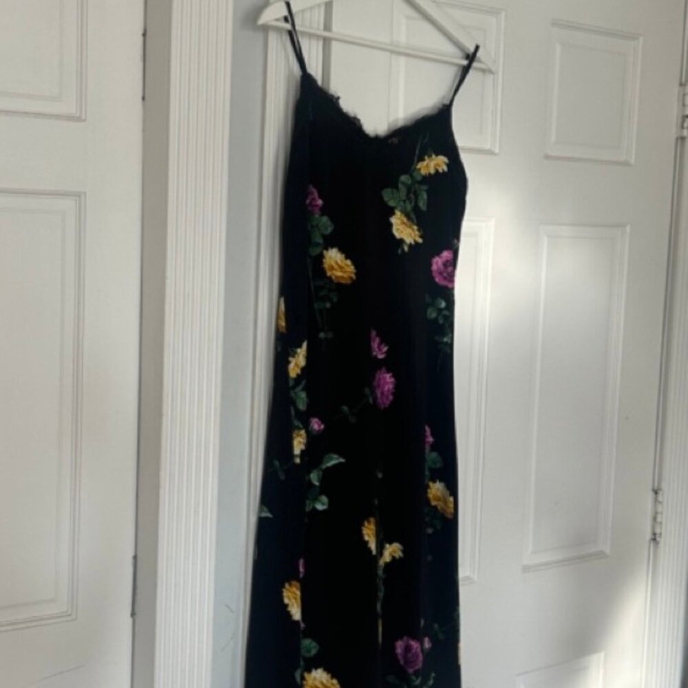 Black Floral Purple Yellow Flowers Lace Dress Sweetheart Neckline Middie XS